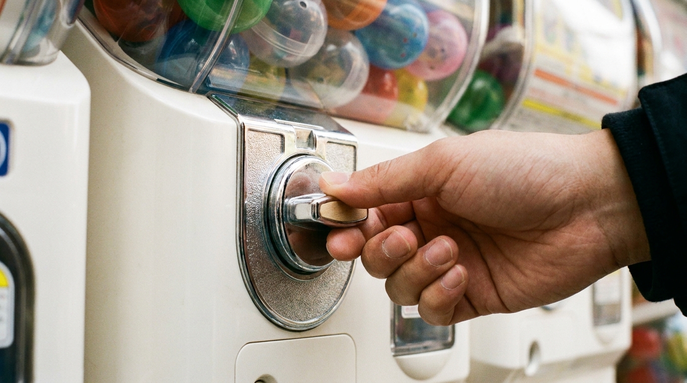 A hand turning the handle of a gachapon machine