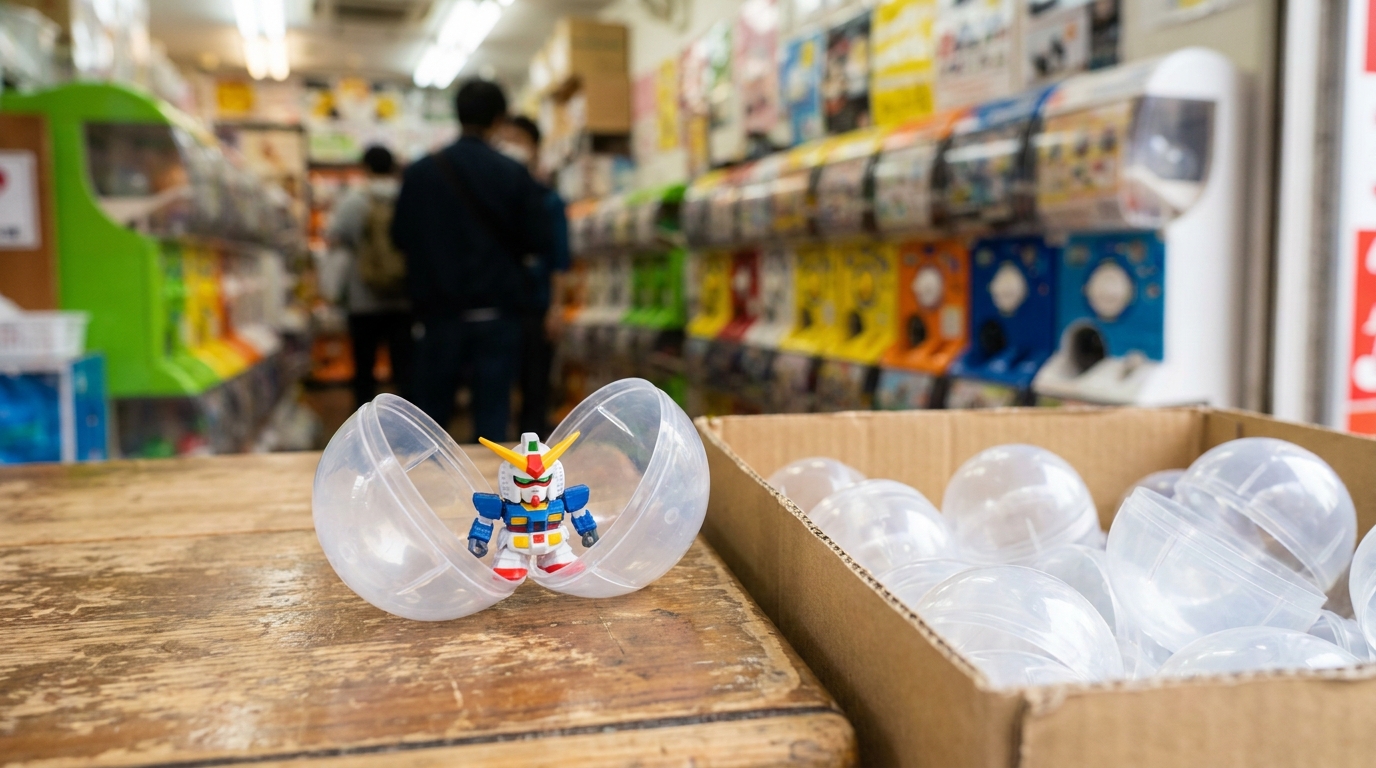 An opened capsule toy beside an empty-capsule recycling box