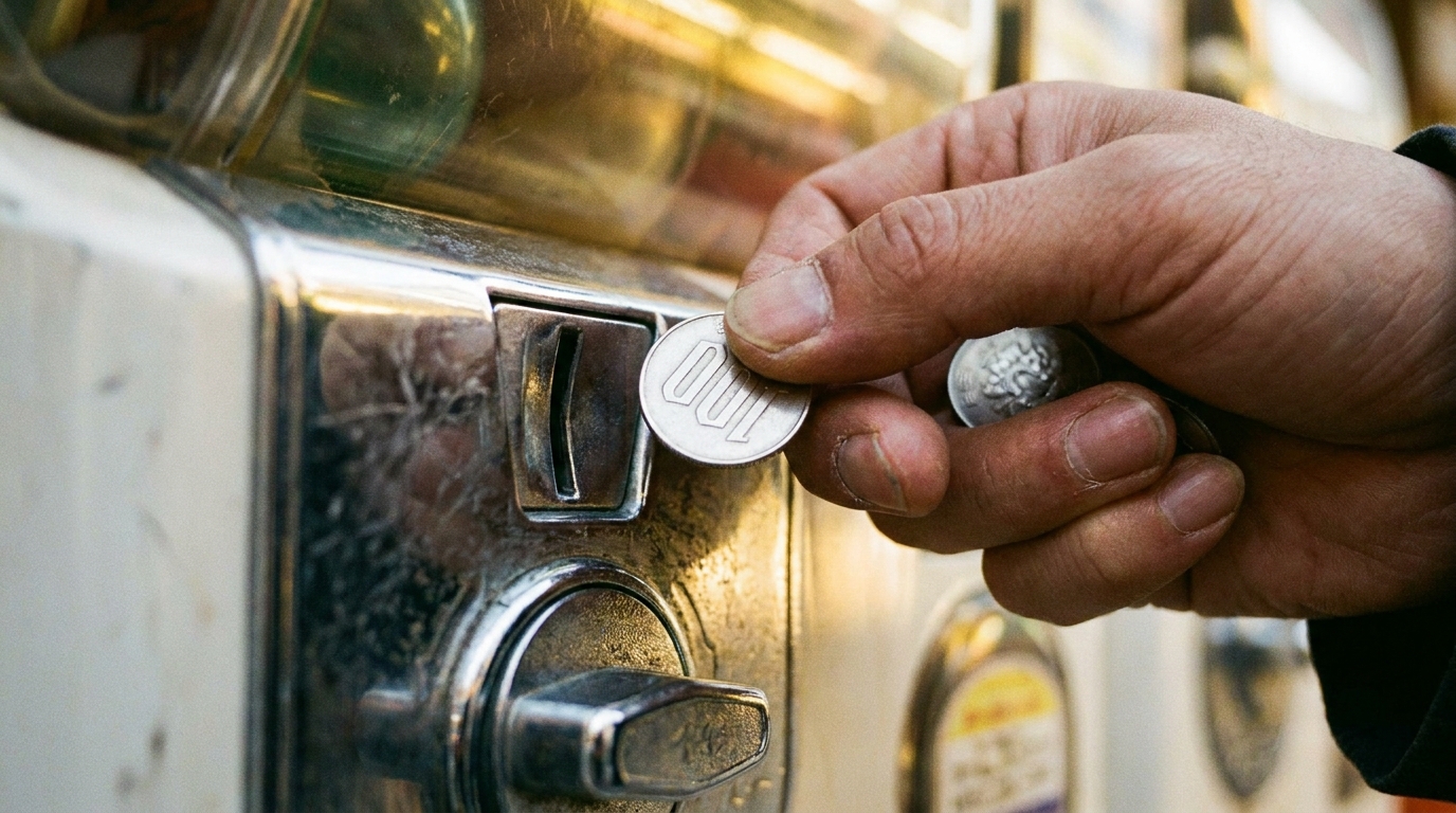 Inserting a 100-yen coin into a capsule toy machine