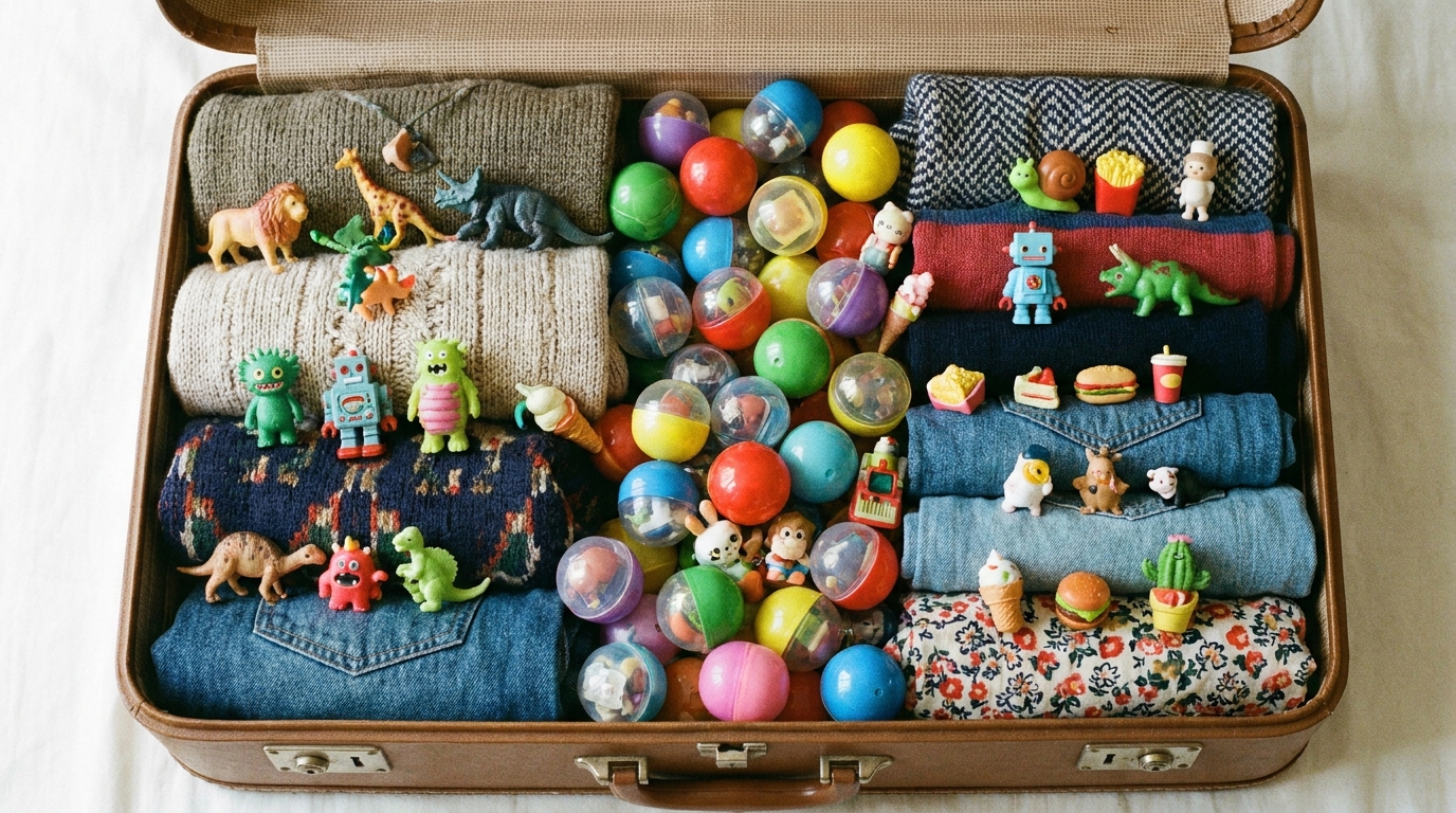 Capsule toys packed inside a suitcase