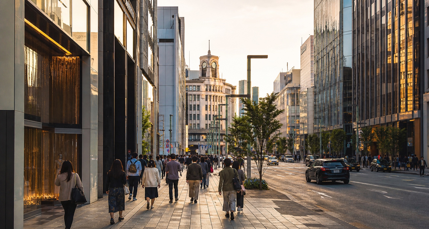 Ginza avenue with polished storefronts and city pedestrians