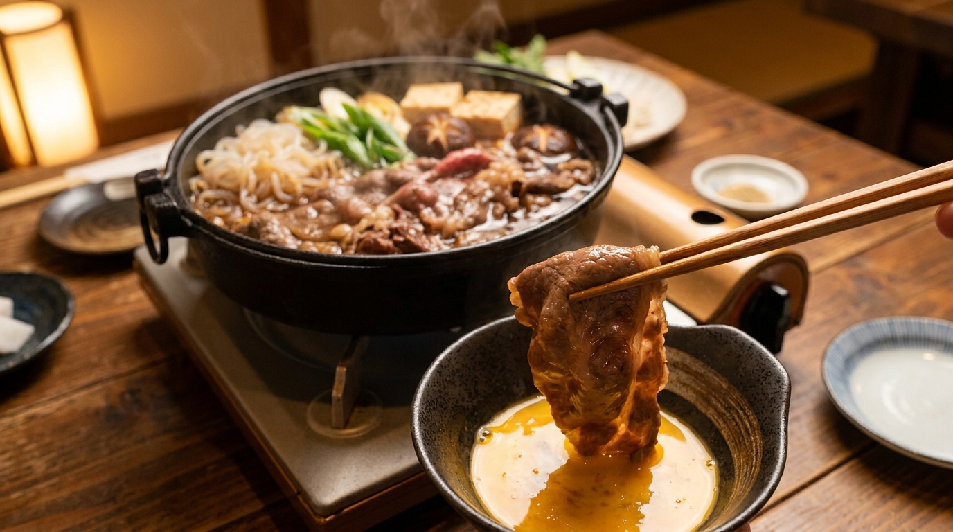 Sukiyaki beef dipped in raw egg