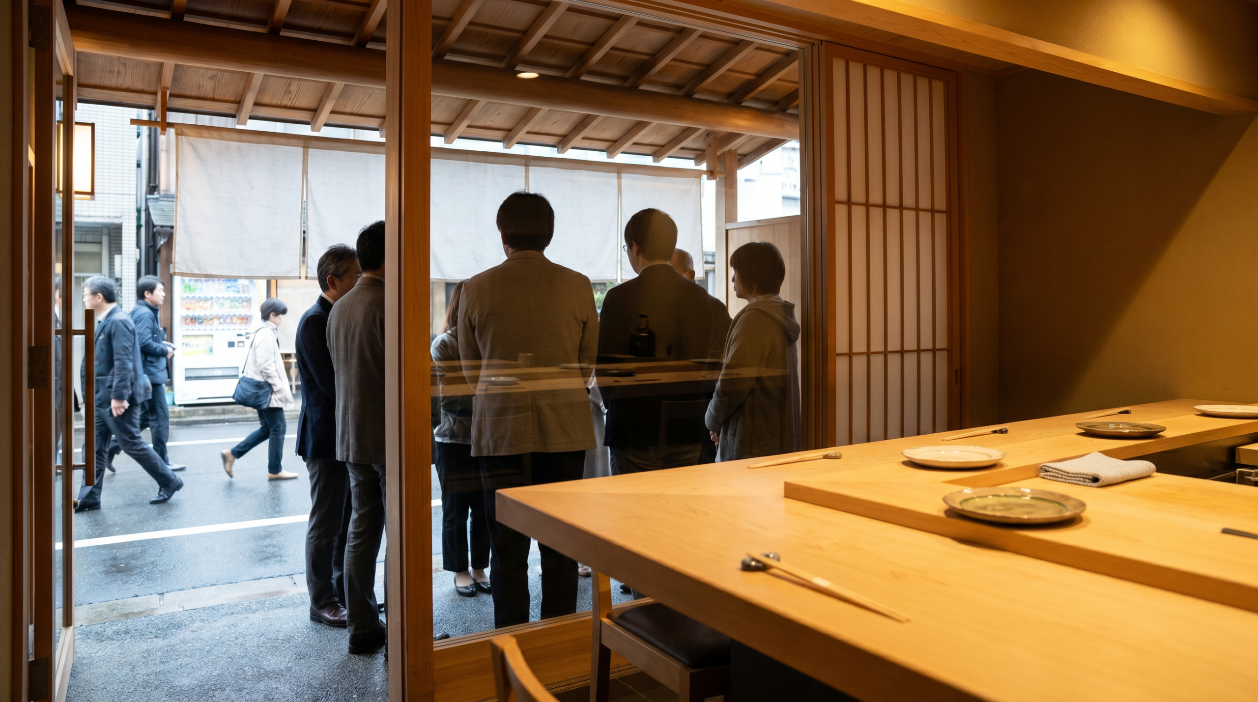 Traveler arriving on time for a small counter restaurant reservation in Japan