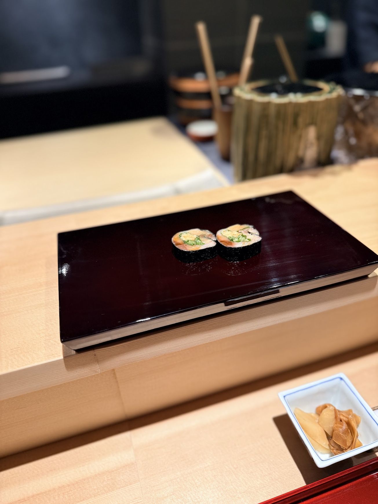 Saba mackerel nori roll cut into two pieces