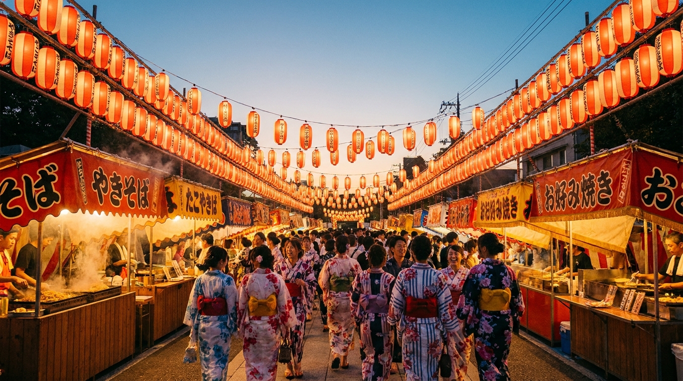 Lantern-lit summer festival street in Tokyo at dusk with food stalls and yukata crowd
