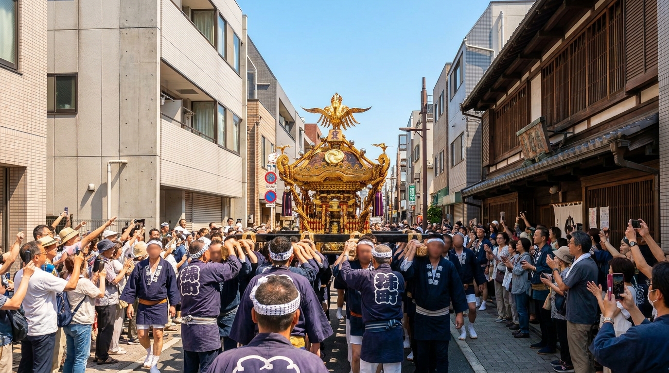 Portable shrine (mikoshi) carried through a Tokyo street by a team in happi coats