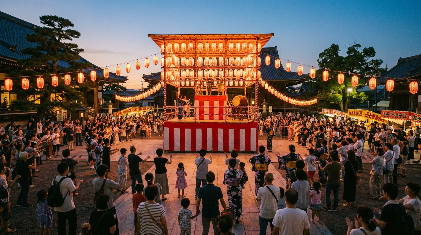 Bon odori dancers circling a lantern-decorated yagura platform at dusk