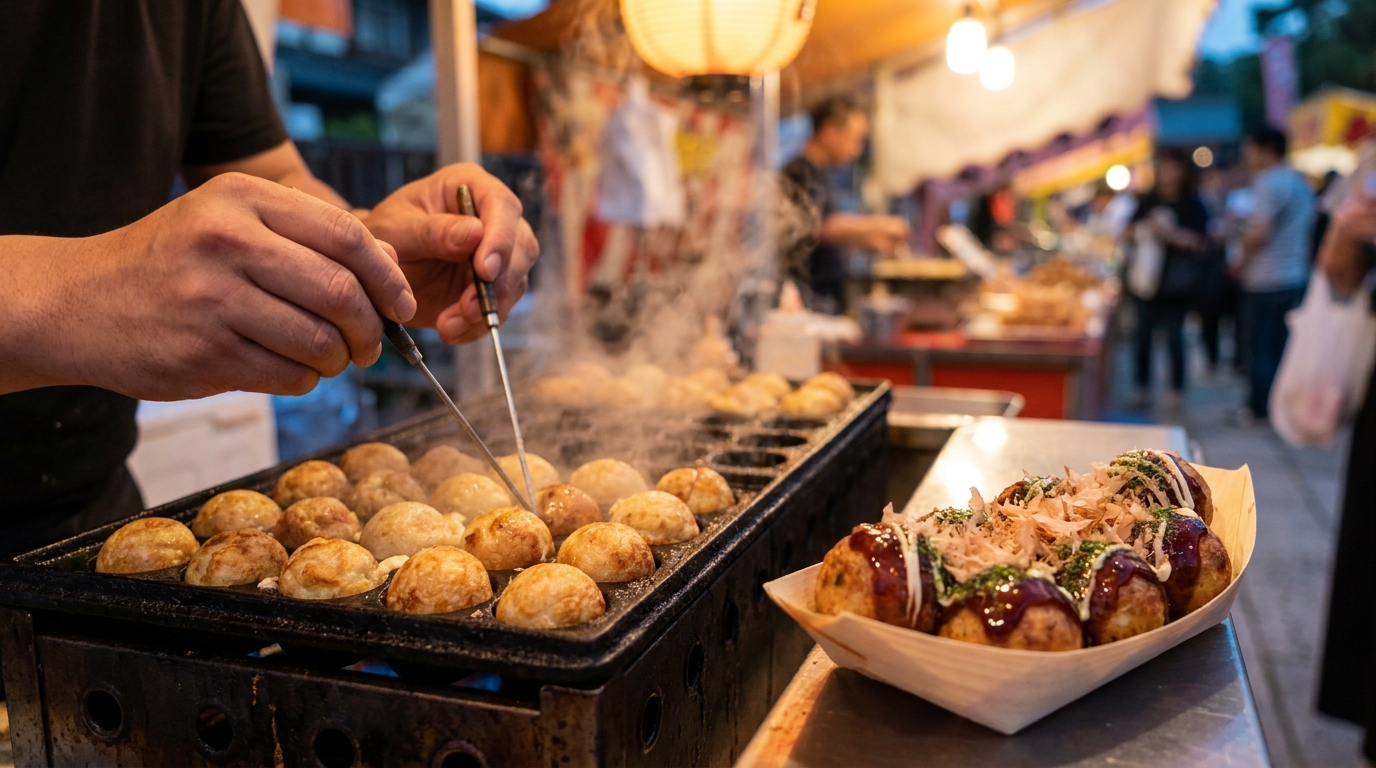 Takoyaki being cooked on a griddle at a Japanese festival food stall