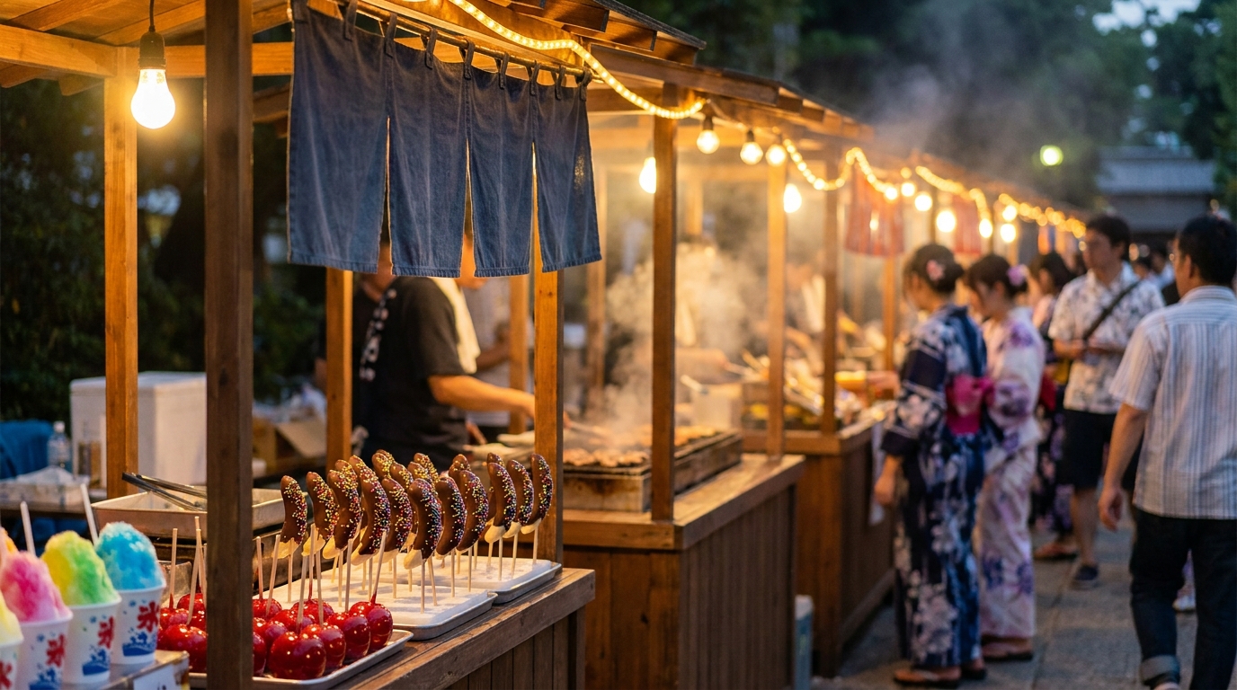 Row of festival sweets stalls with candied apples, chocolate bananas and shaved ice