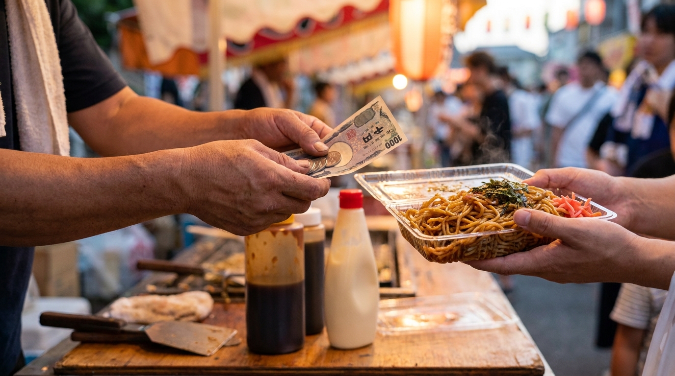 Paying with a 1000 yen note for yakisoba at a festival stall