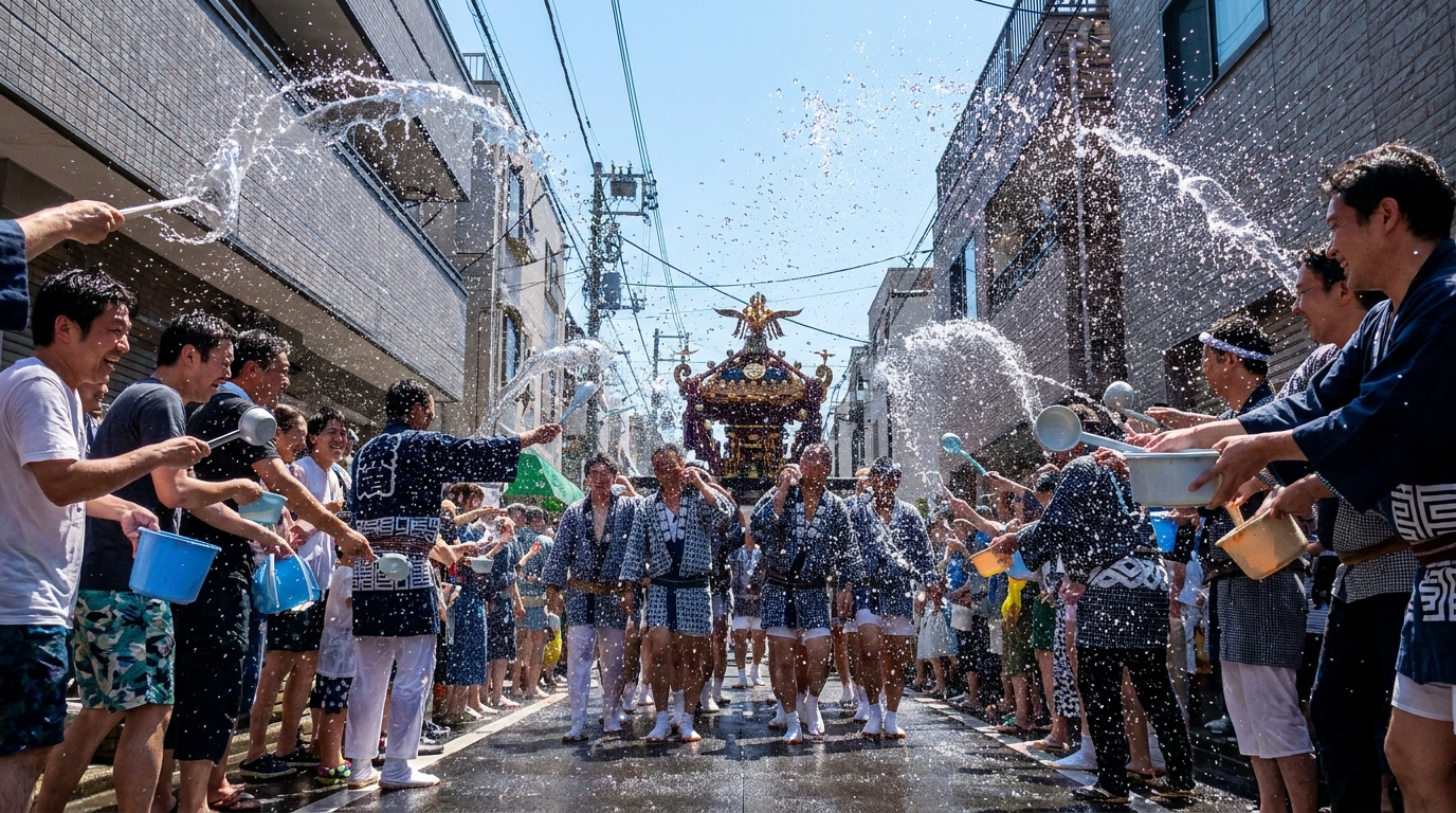 Spectators splashing water over mikoshi carriers at a Tokyo summer festival