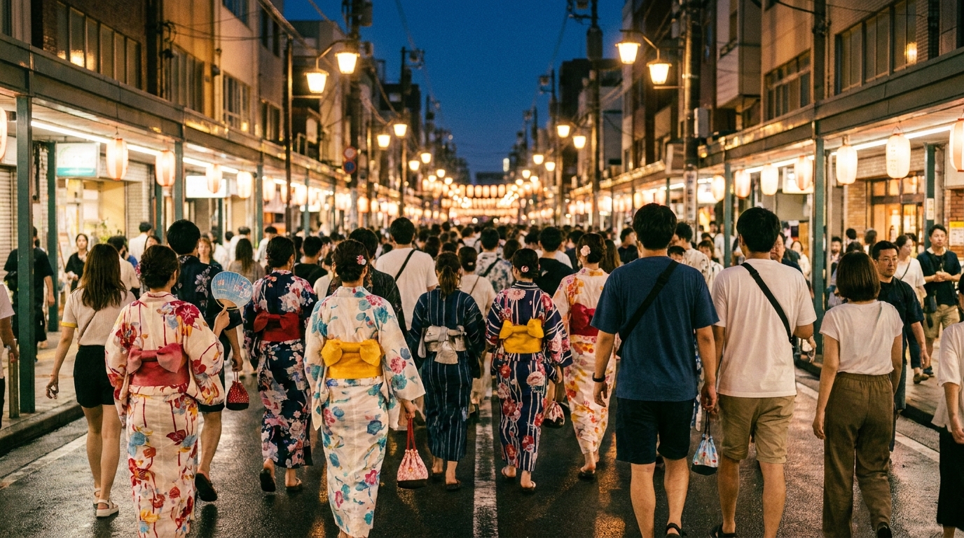 Crowd in yukata walking home along a lantern-lit street after a festival