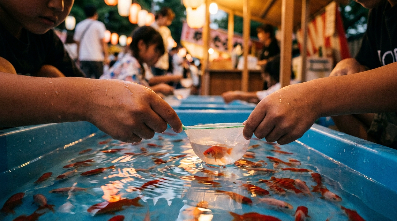 Goldfish scooping game with a paper scoop at a Japanese festival