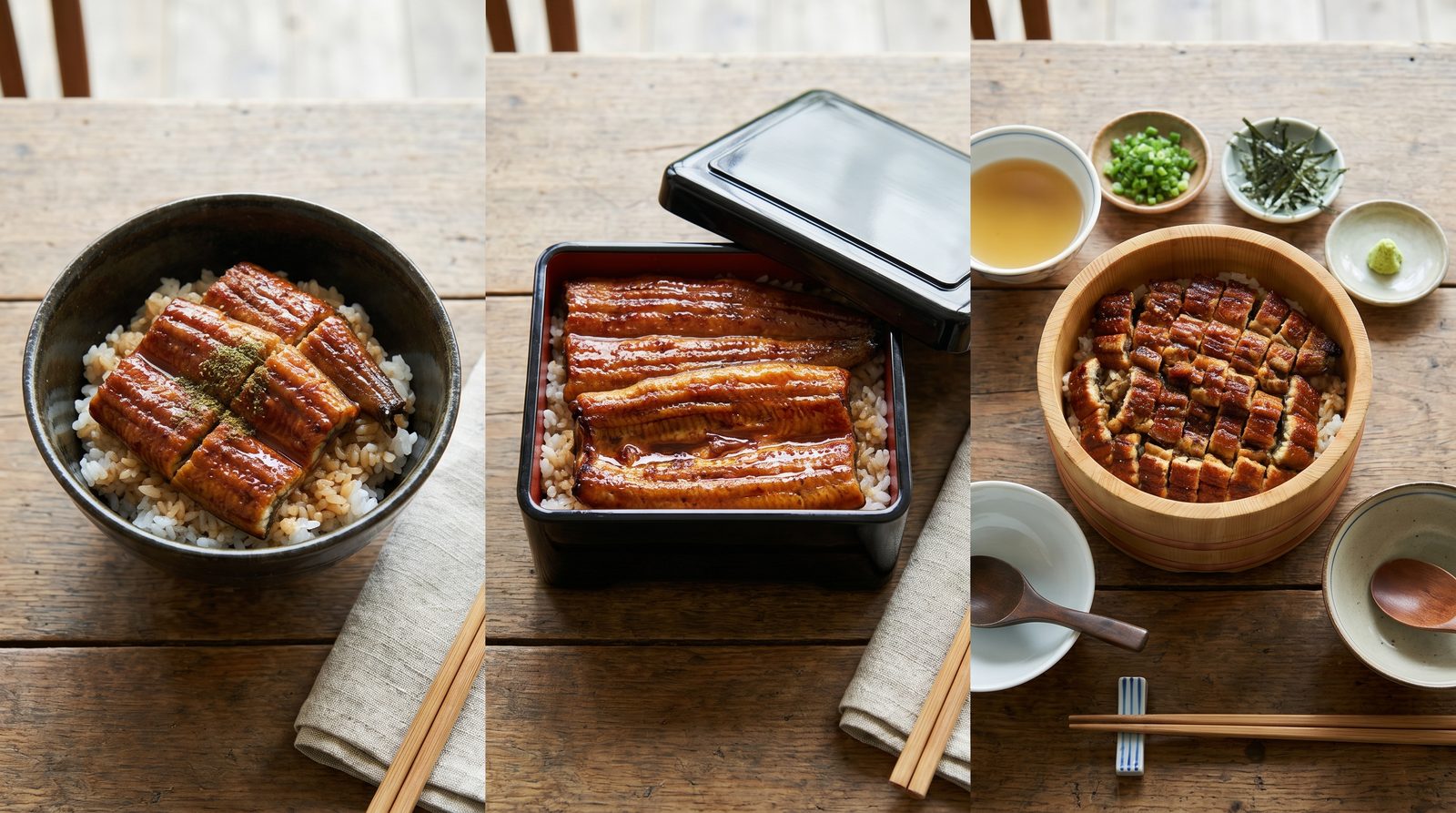 Unadon, unaju and hitsumabushi eel dishes compared side by side