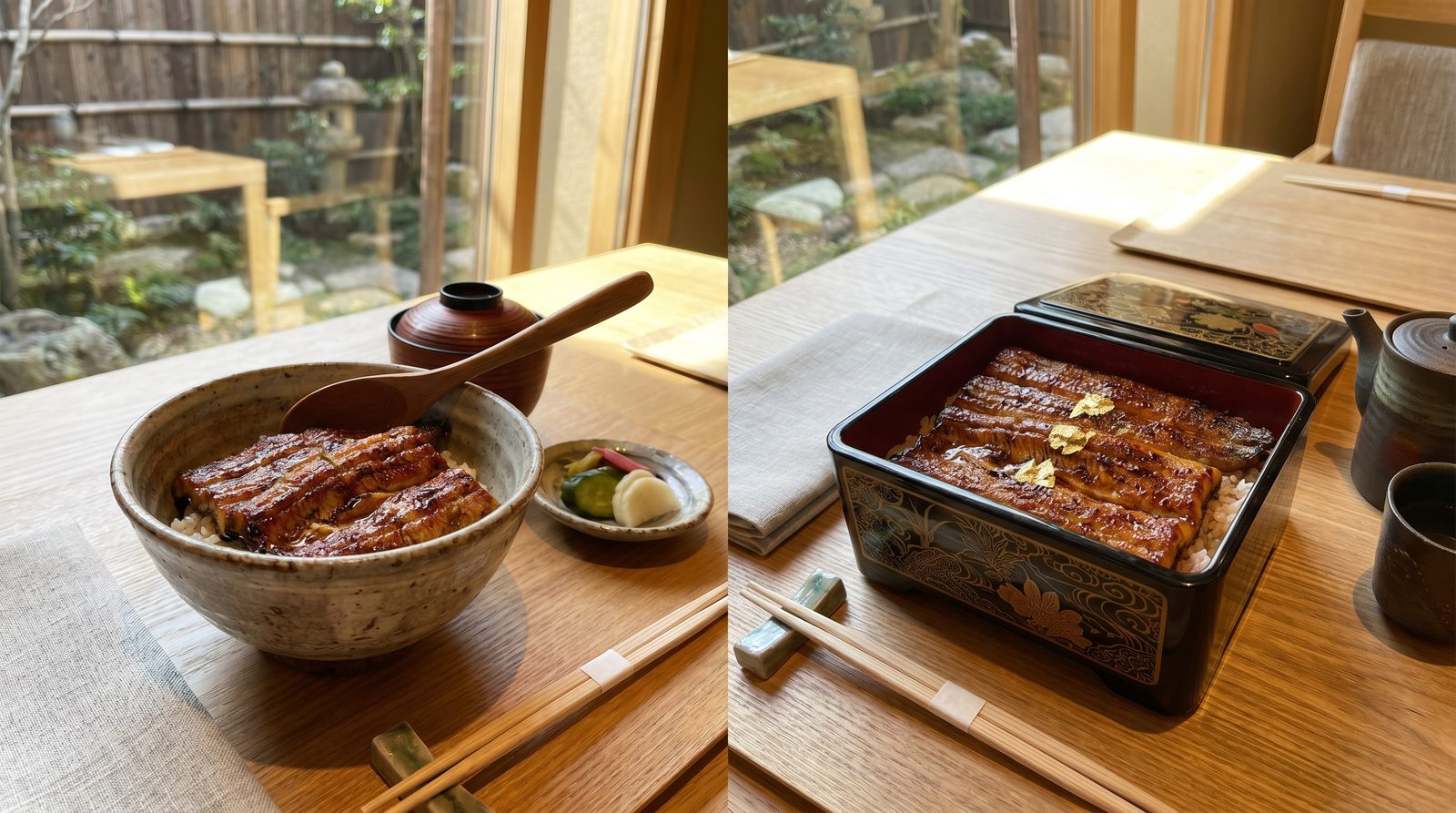 Budget unadon bowl next to a premium unaju box in Tokyo