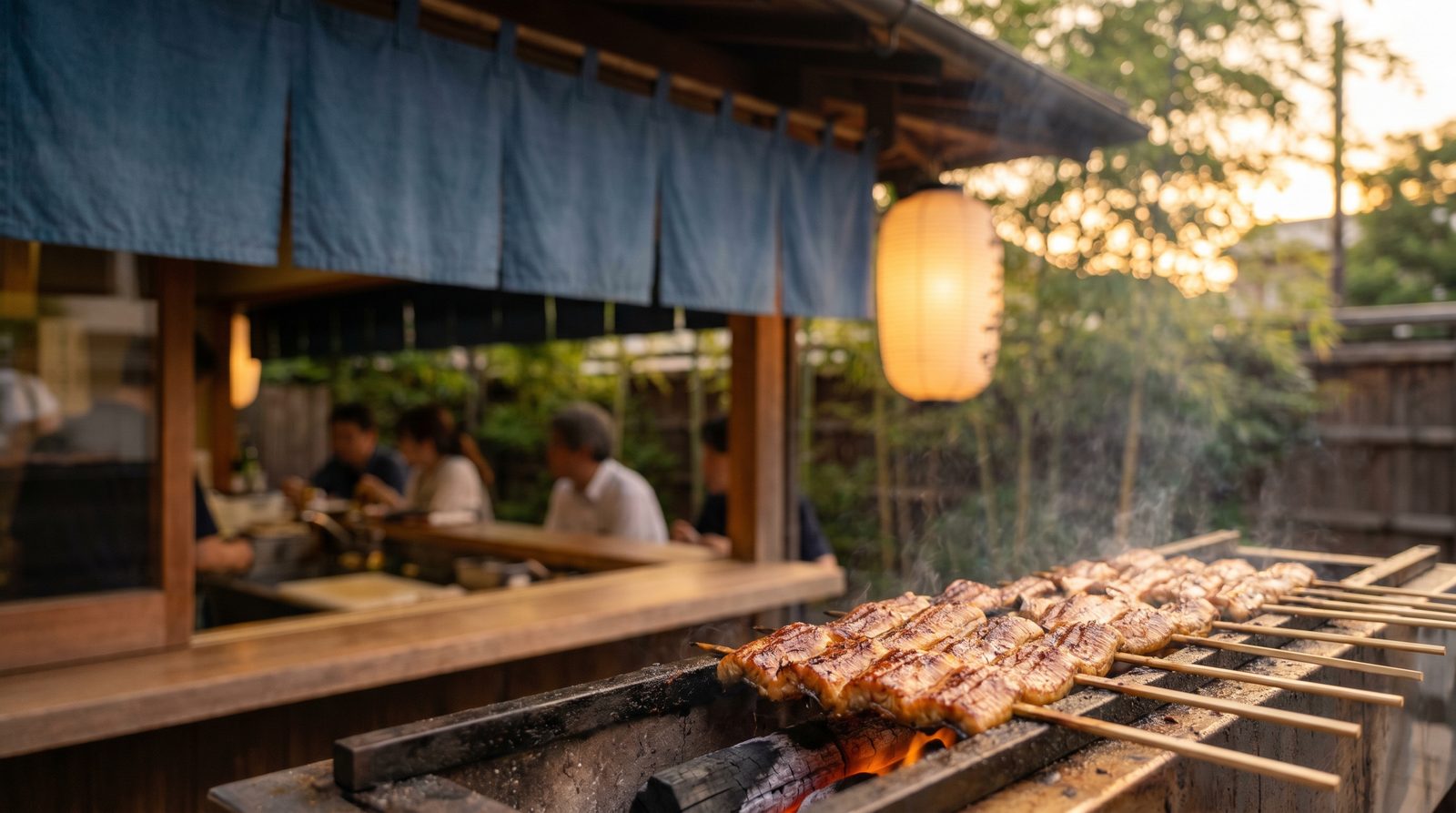 Grilled eel skewers at a traditional Japanese restaurant in summer