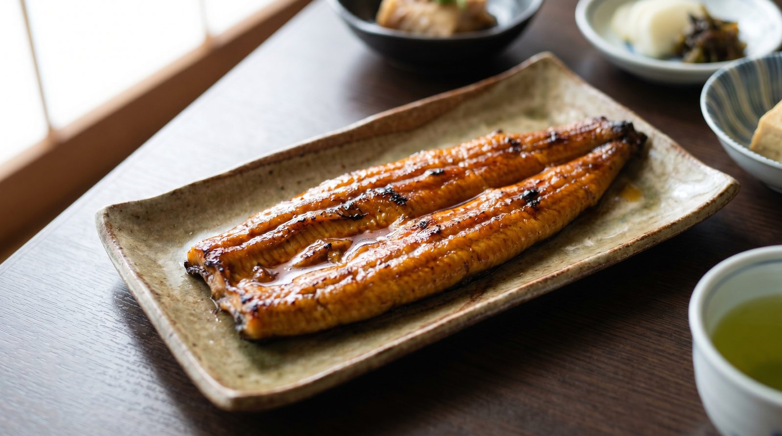A premium piece of grilled unagi kabayaki on a plate