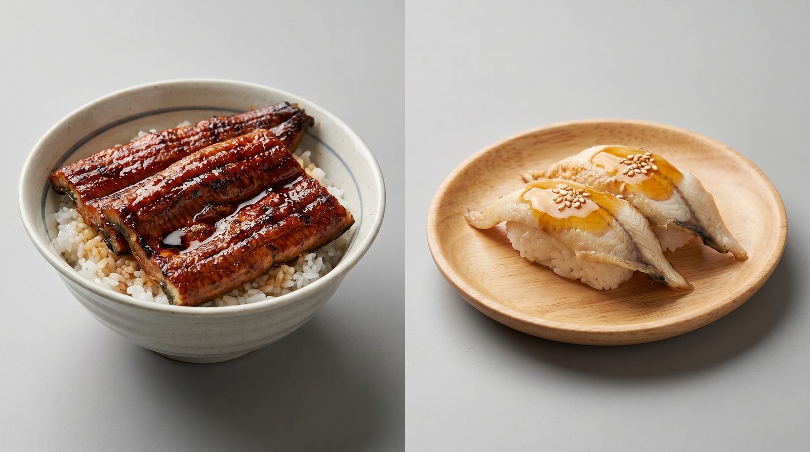 Grilled unagi over rice next to anago nigiri sushi comparison