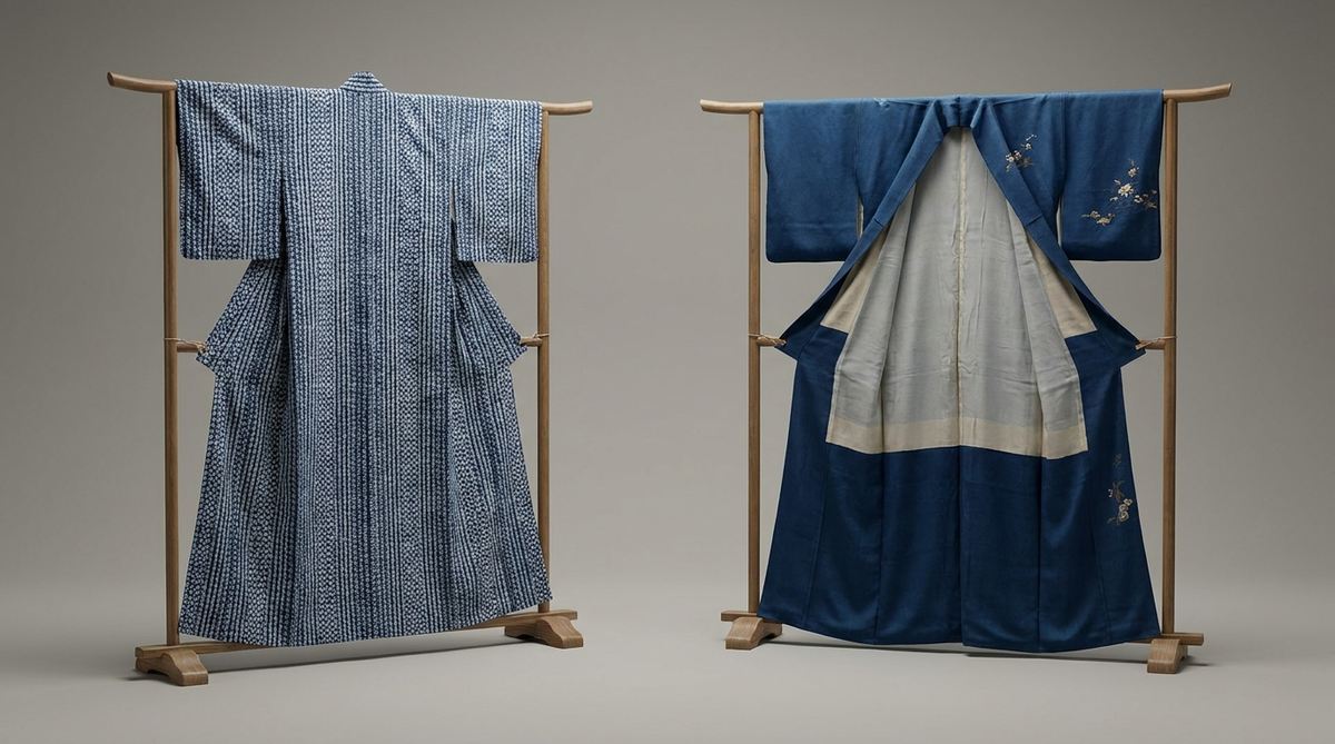 A cotton yukata next to a formal silk kimono