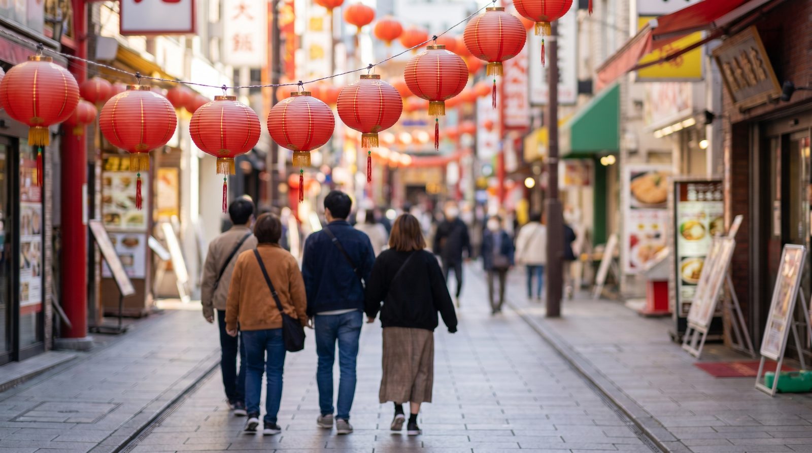 Lively main street of Yokohama Chinatown with red lanterns overhead