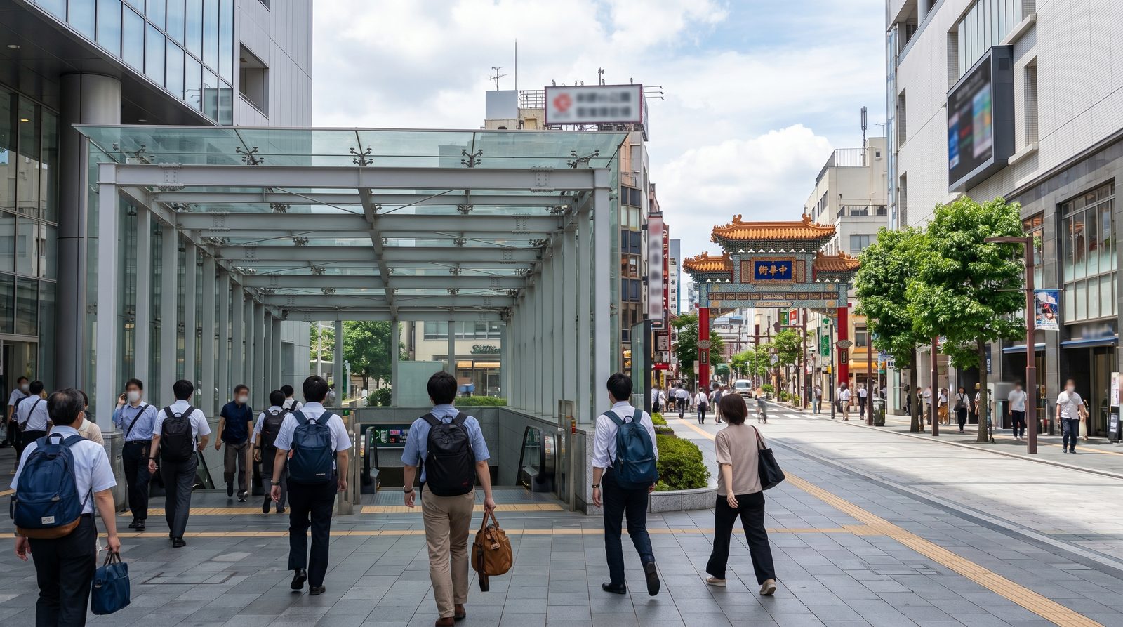 Travelers walking from the station toward Yokohama Chinatown gate