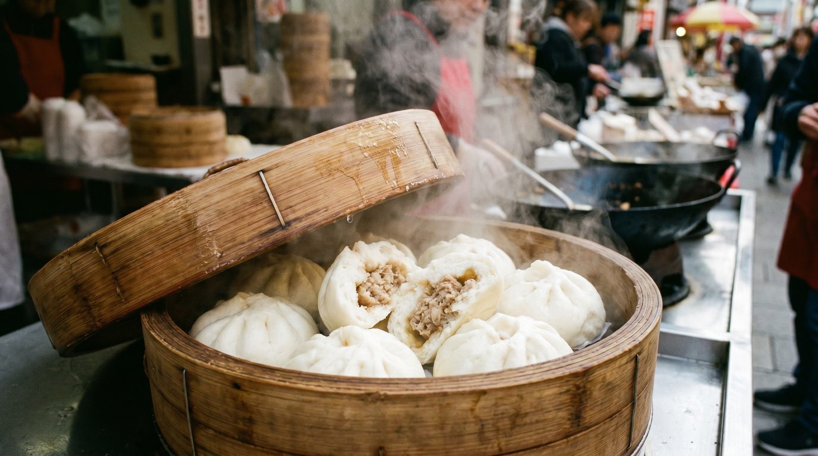 Steamed pork buns (nikuman) at a Yokohama Chinatown street stall