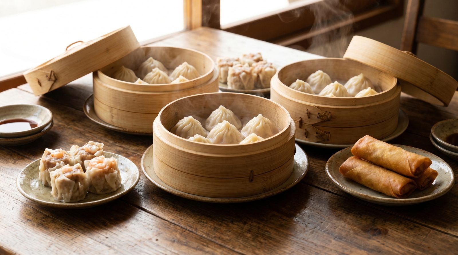 Chinese dim sum including xiaolongbao soup dumplings in bamboo steamers