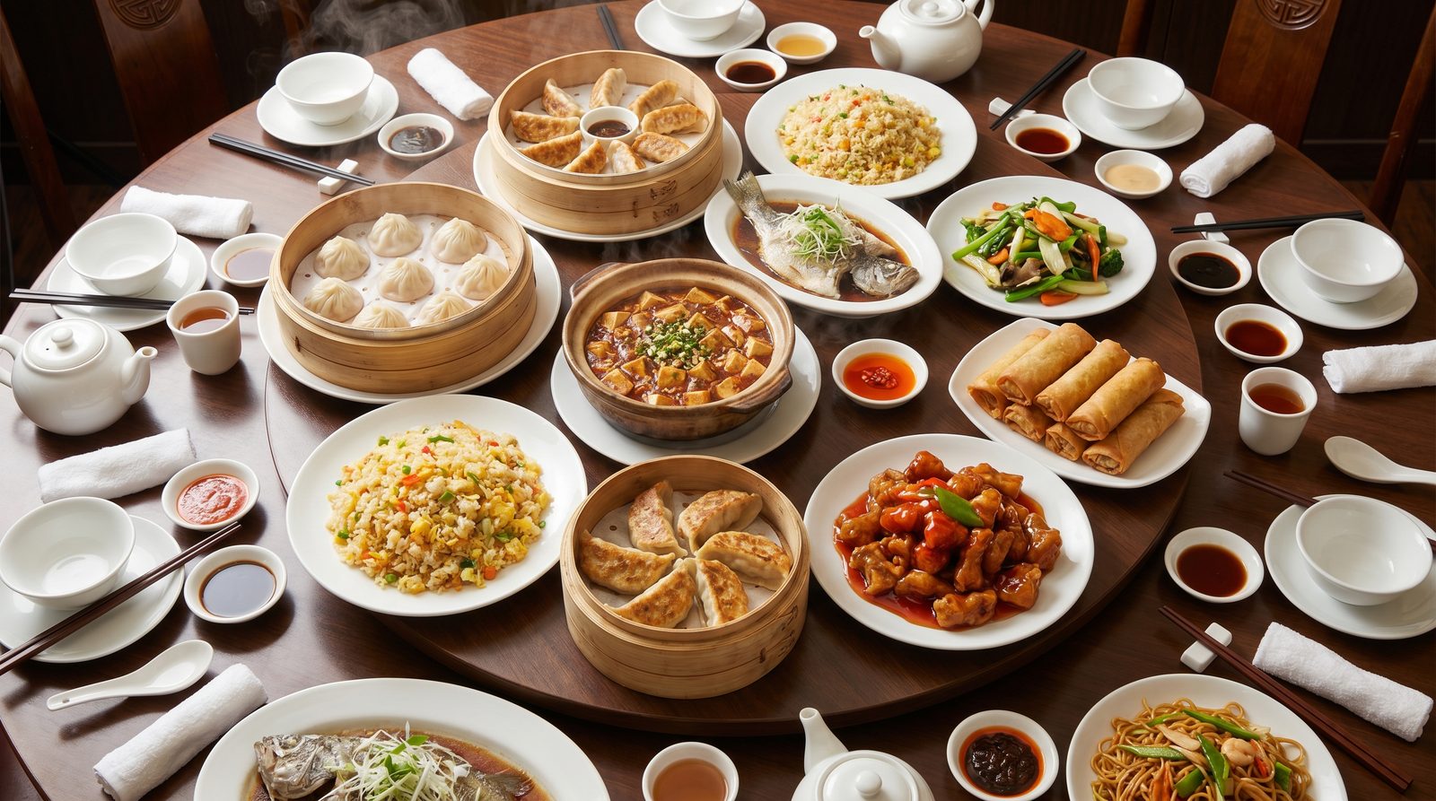 A table of varied Chinese dishes for an all-you-can-eat meal