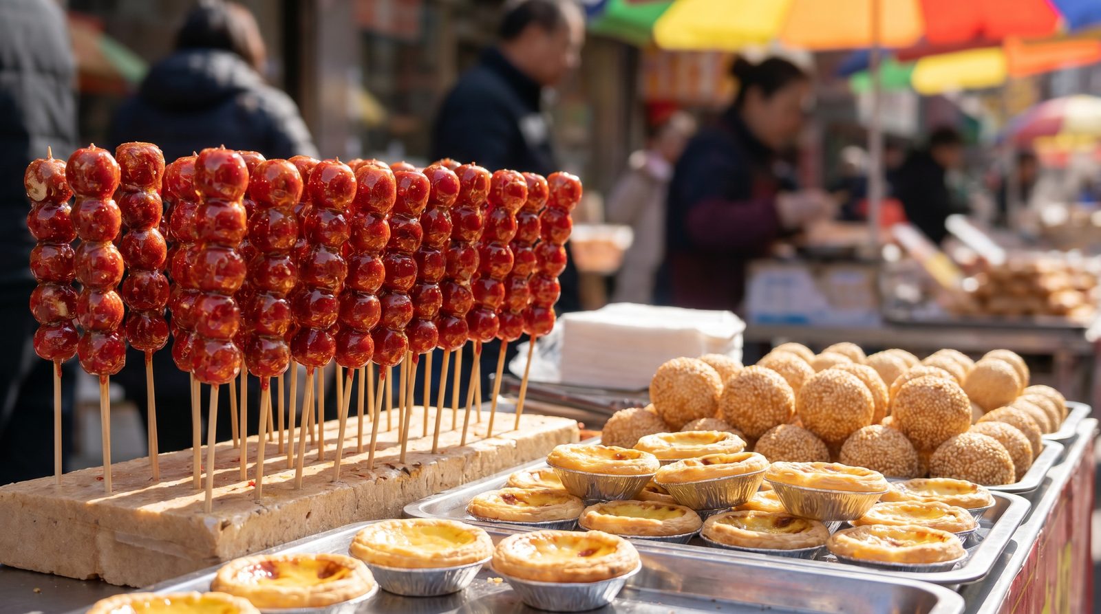 Chinese street sweets: candied hawthorn tanghulu and egg tarts