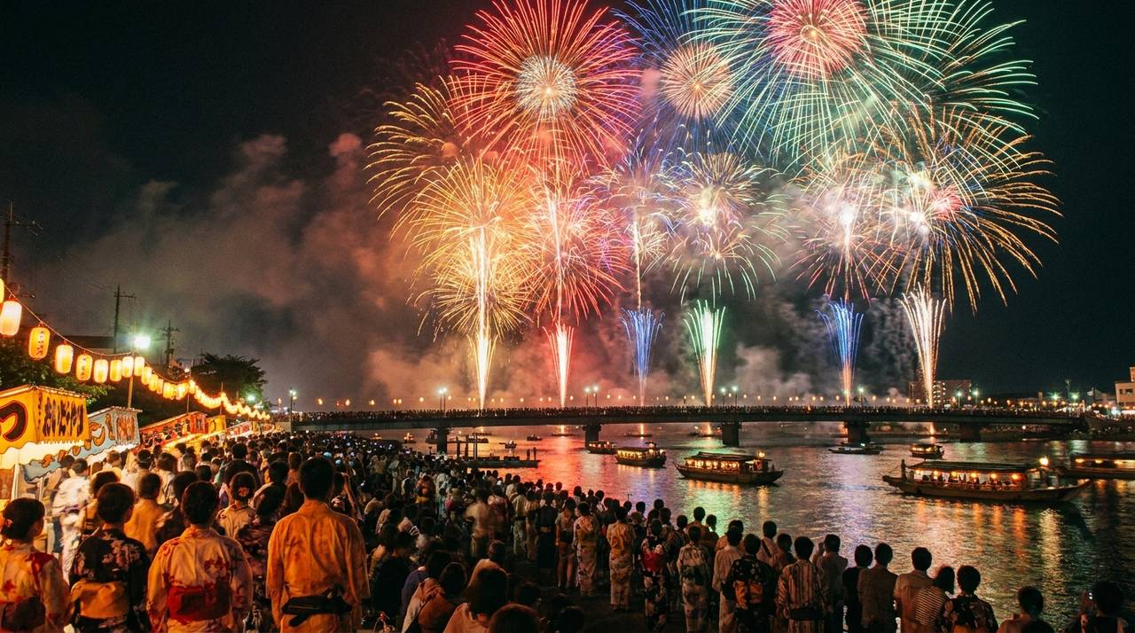 People in yukata watching summer fireworks in Japan