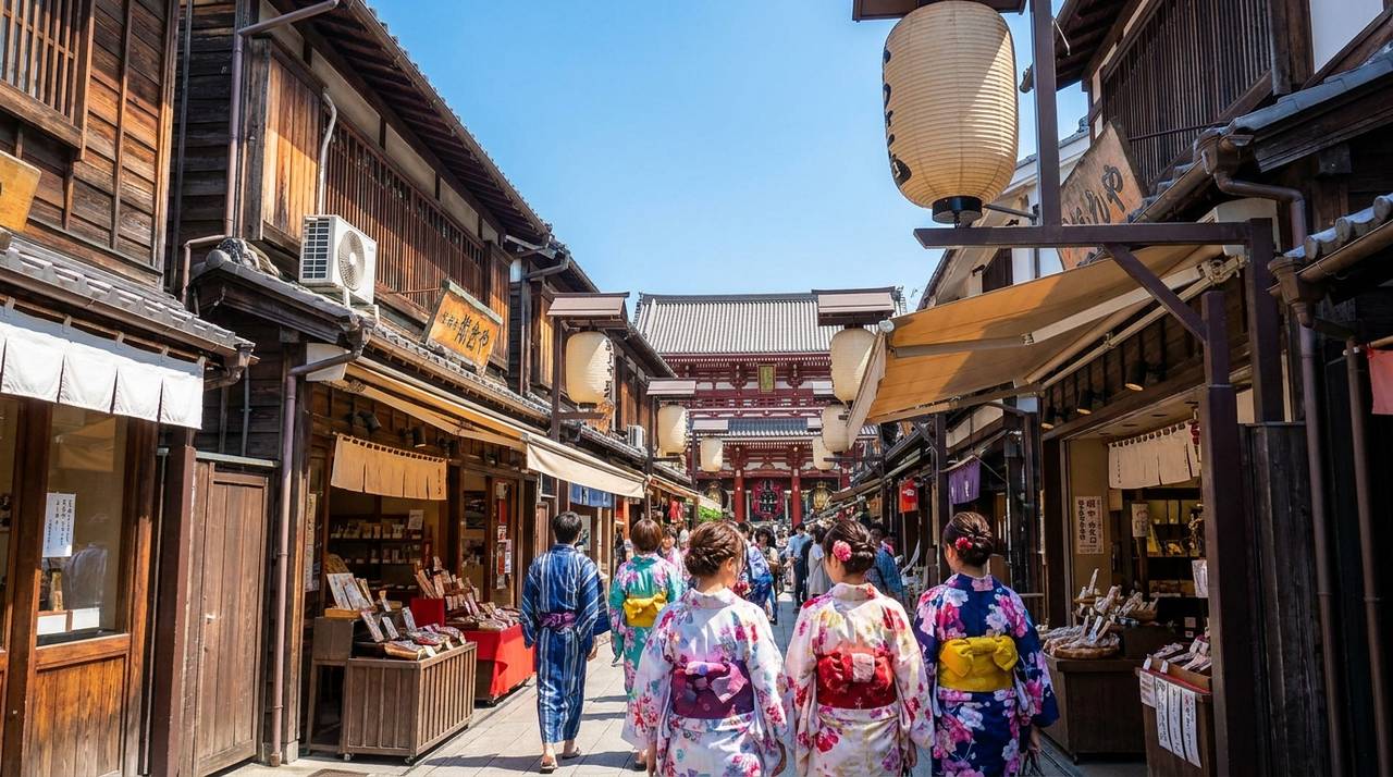 Visitors in yukata on an old Tokyo shopping street