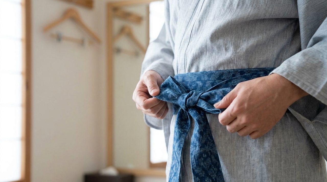 Tying an obi sash on a yukata