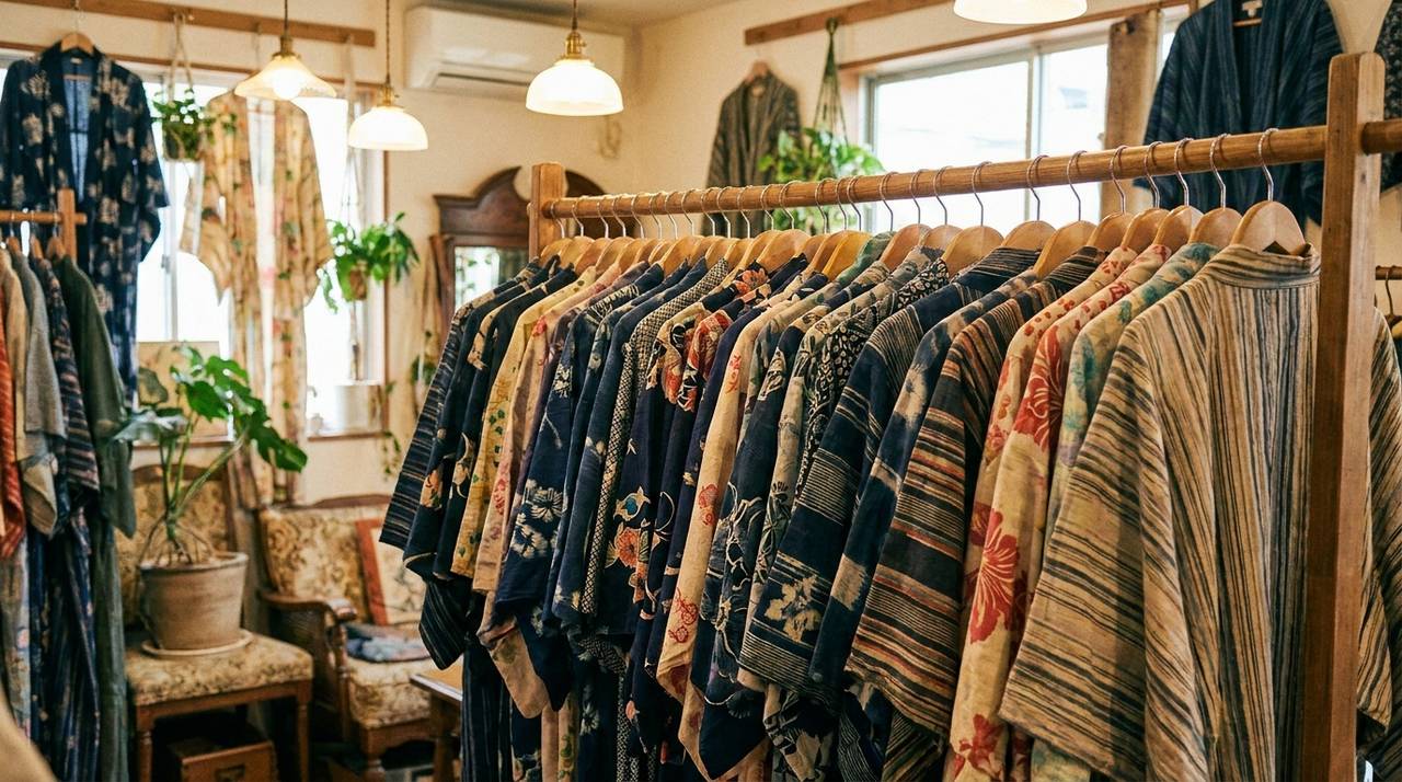 Rack of second-hand yukata in Tokyo