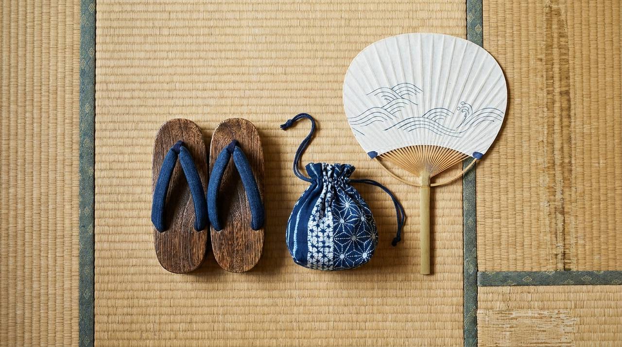 Geta sandals, kinchaku pouch and folding fan
