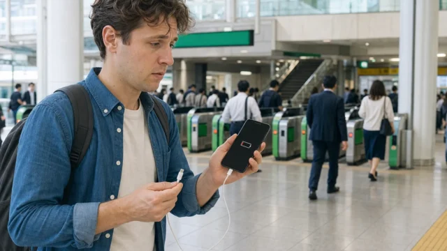 Traveler in a Japanese railway station holding a phone with a low battery and a charging cable.