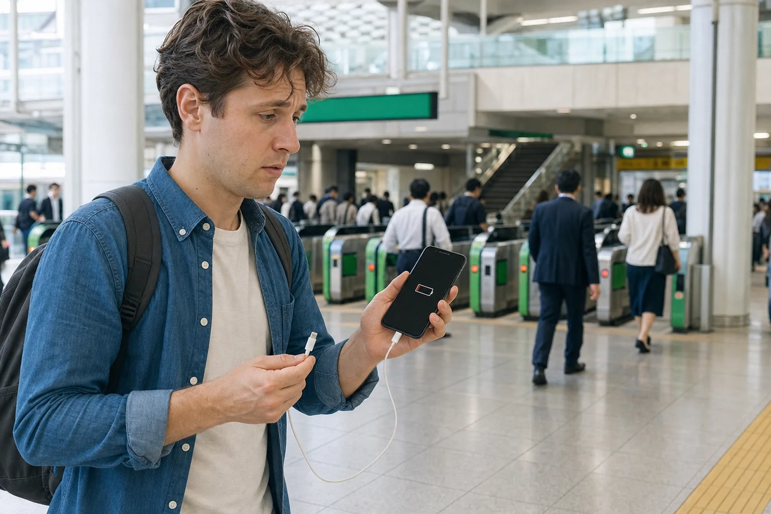 Traveler in a Japanese railway station holding a phone with a low battery and a charging cable.