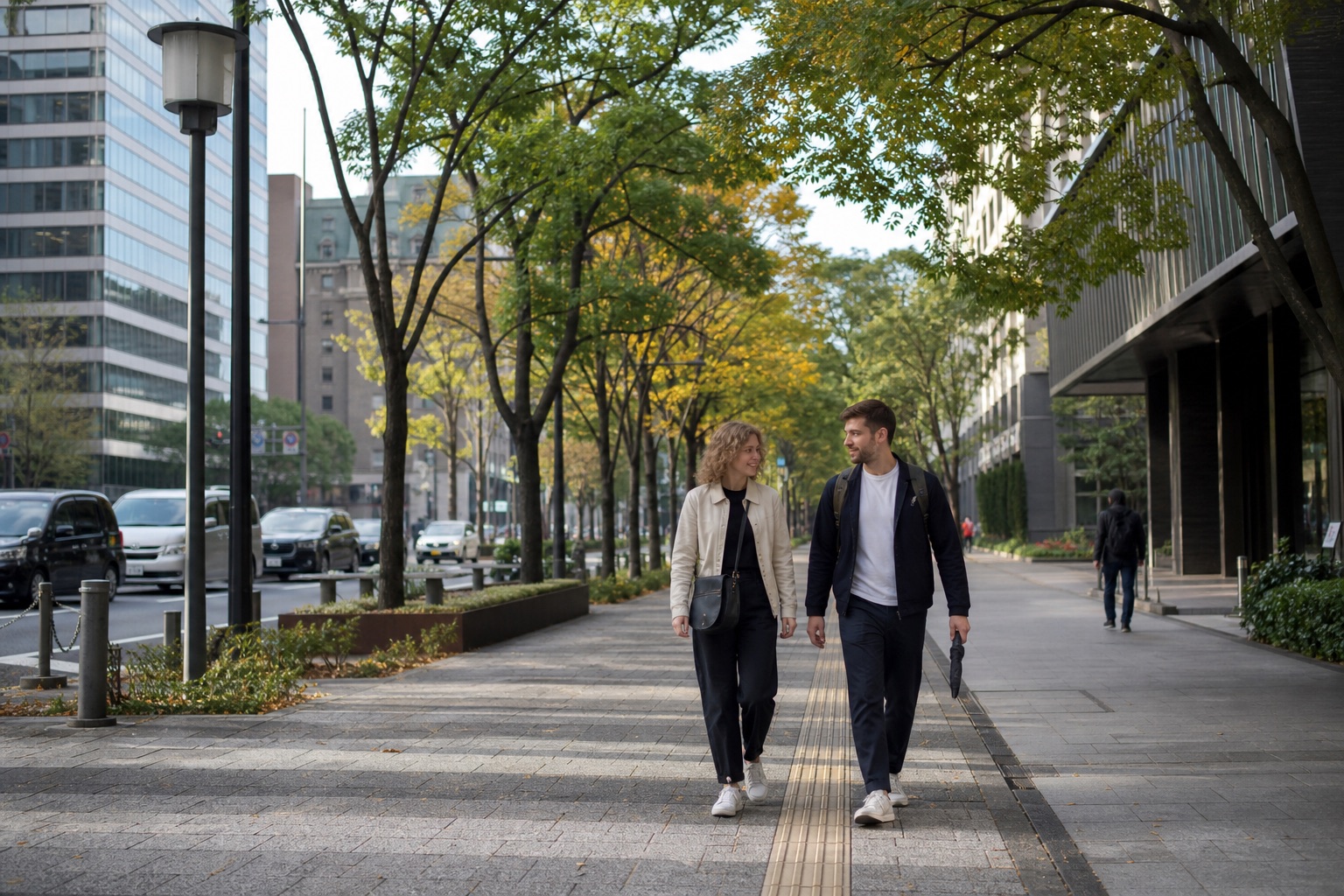 Two travelers in light autumn layers walking along a tree-lined avenue in central Tokyo in October