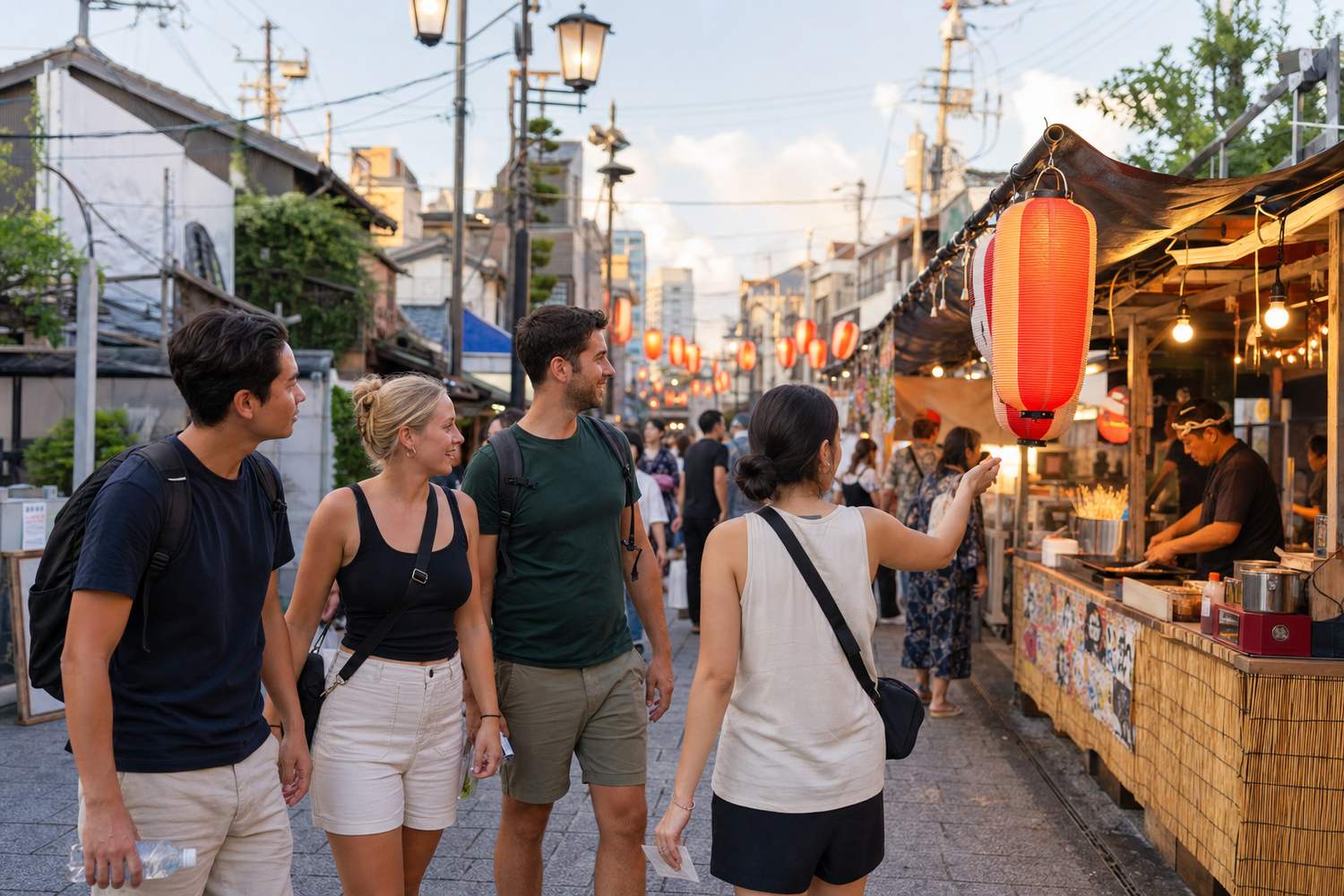 Travelers approach food stalls at a Japanese summer shopping-street festival