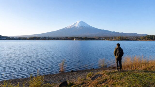 Traveler viewing Mt. Fuji across Lake Kawaguchiko in the morning