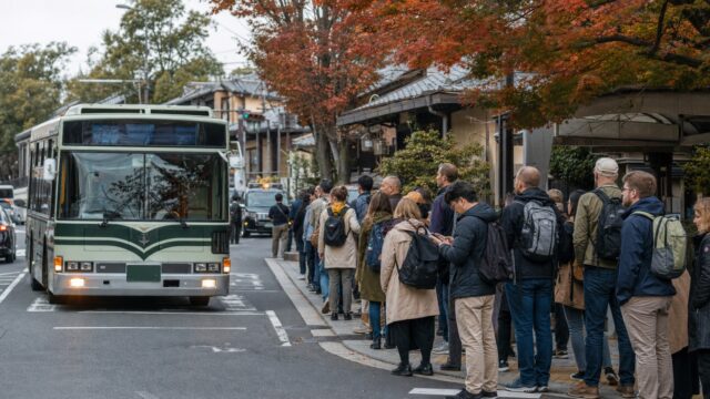 Travelers beside a busy Kyoto bus stop during the autumn season