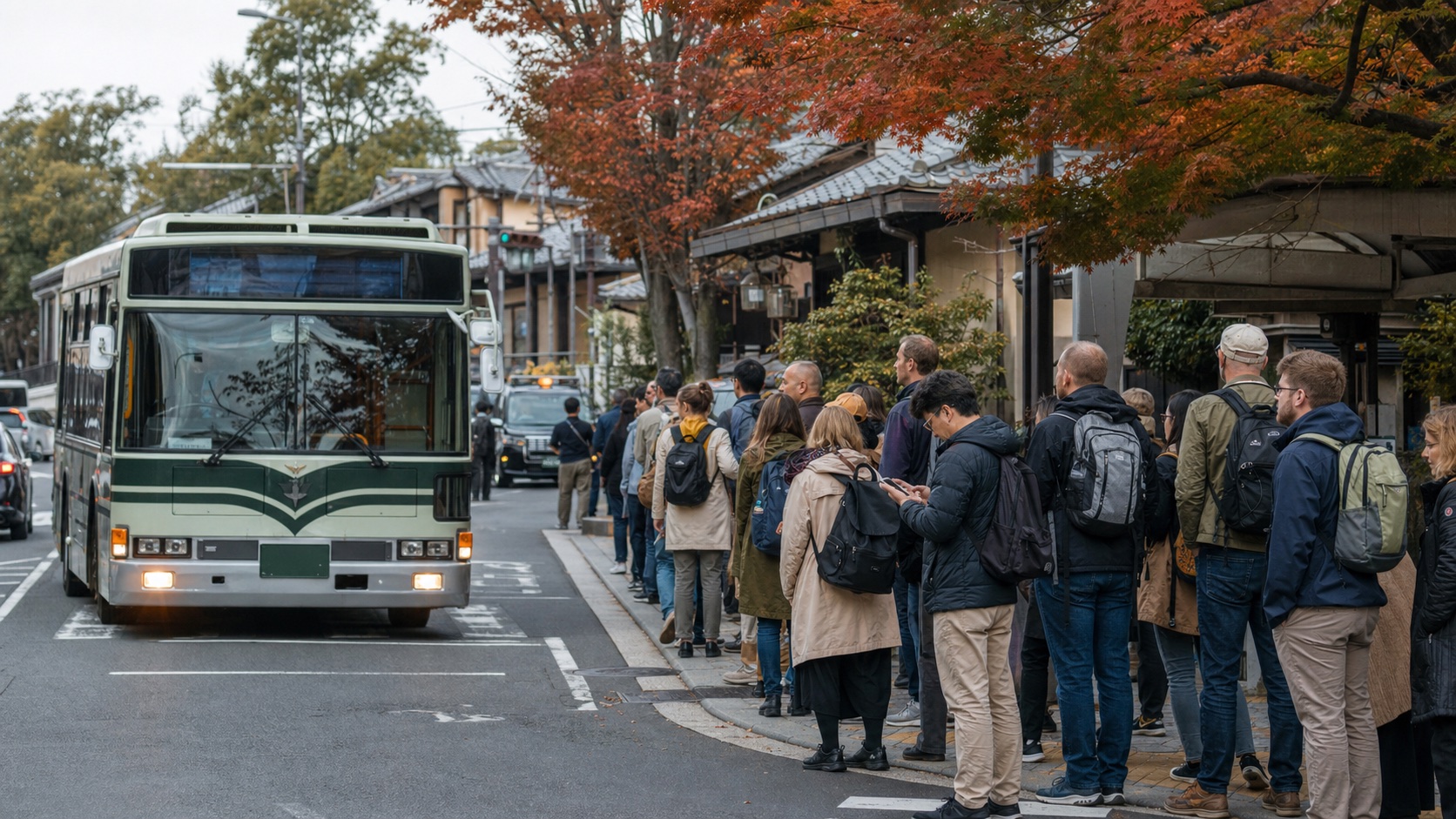 Travelers beside a busy Kyoto bus stop during the autumn season