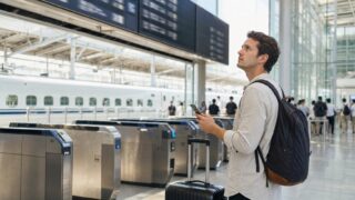 Traveler checking a missed Shinkansen departure at a station ticket gate