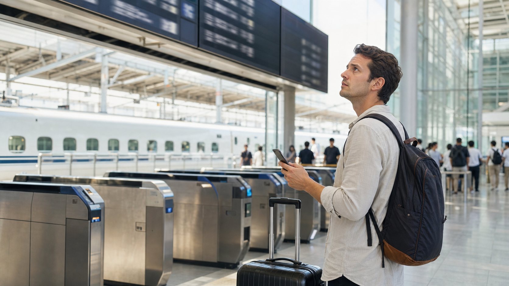 Traveler checking a missed Shinkansen departure at a station ticket gate