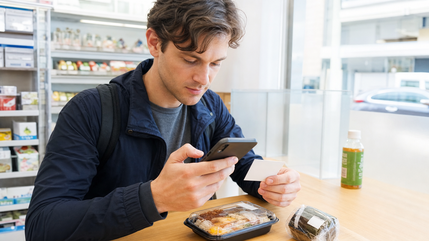 Photo-real AI image of a traveler checking a Japanese food label and allergy card before eating.
