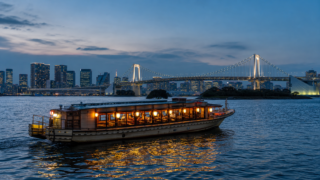 Traditional Tokyo yakatabune boat on an illuminated waterfront at night