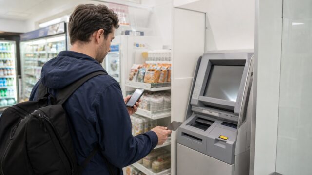 Traveler checking a declined foreign card at an ATM inside a Japanese convenience store