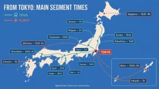 Map of Japan showing approximate train and flight times from Tokyo to 16 destinations