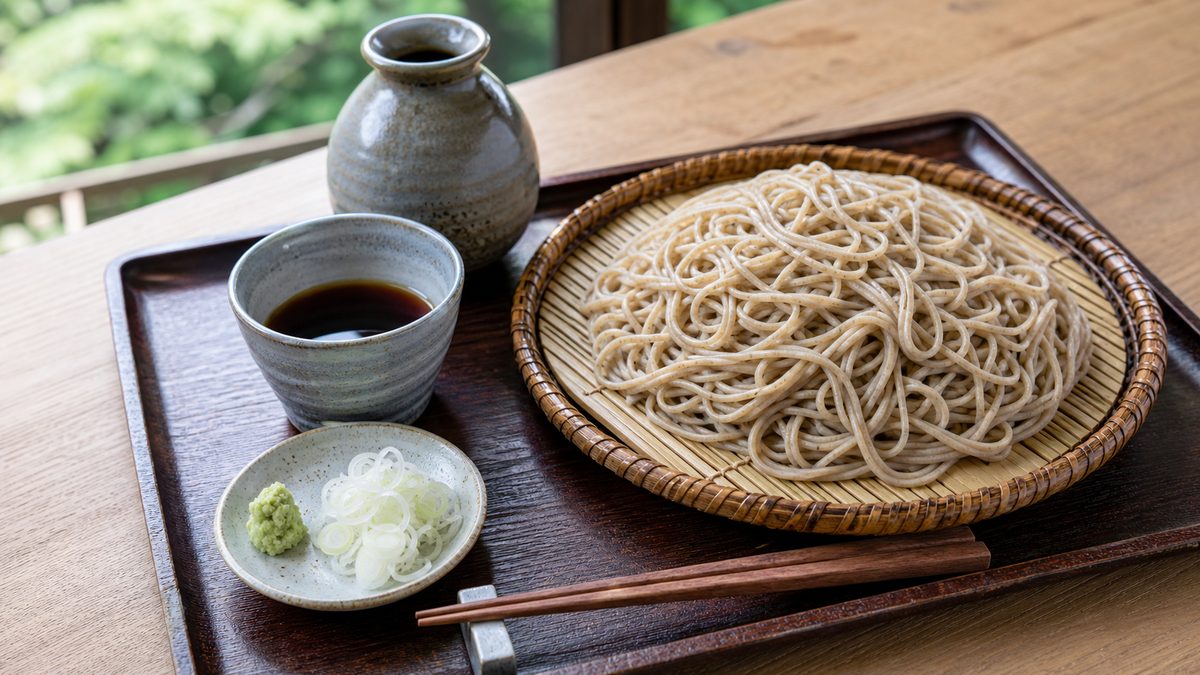 Cold zaru soba tray with dipping sauce, wasabi, scallions, chopsticks, and sobayu pot