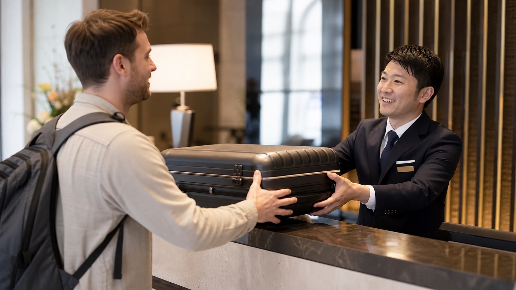 Traveler handing a suitcase to hotel staff for luggage delivery in Japan