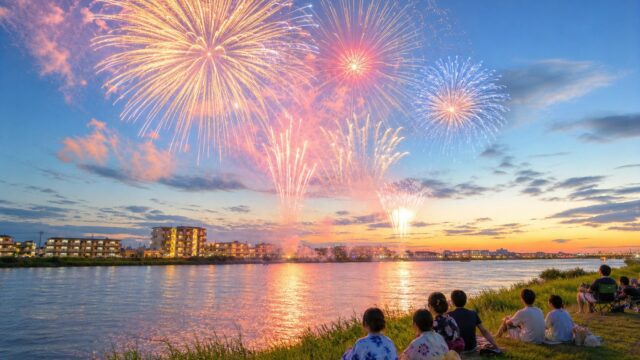 Itabashi Fireworks over the Arakawa River at twilight